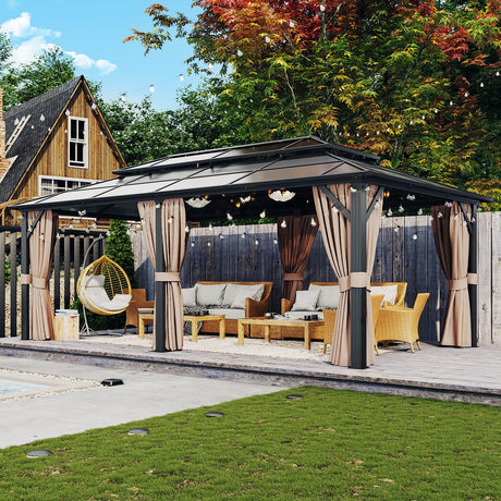 Aoxun 12'x20' Hardtop Gazebo, Aluminum Frame Permanent Pavilion with Curtains and Netting, Outdoor Polycarbonate Double Roof Canopy, Designed for Garden, Lawns, Patio Aoxun