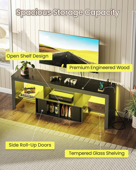 CHOEZON TV Stand with Power Outlet, Modern TV Cabinet for 55 60 inch TVs, Media TV Console with LED Light Strip, Media Entertainment Center with Storage, for Living Room, Bedroom, Black MDS02UDBB CHOEZON