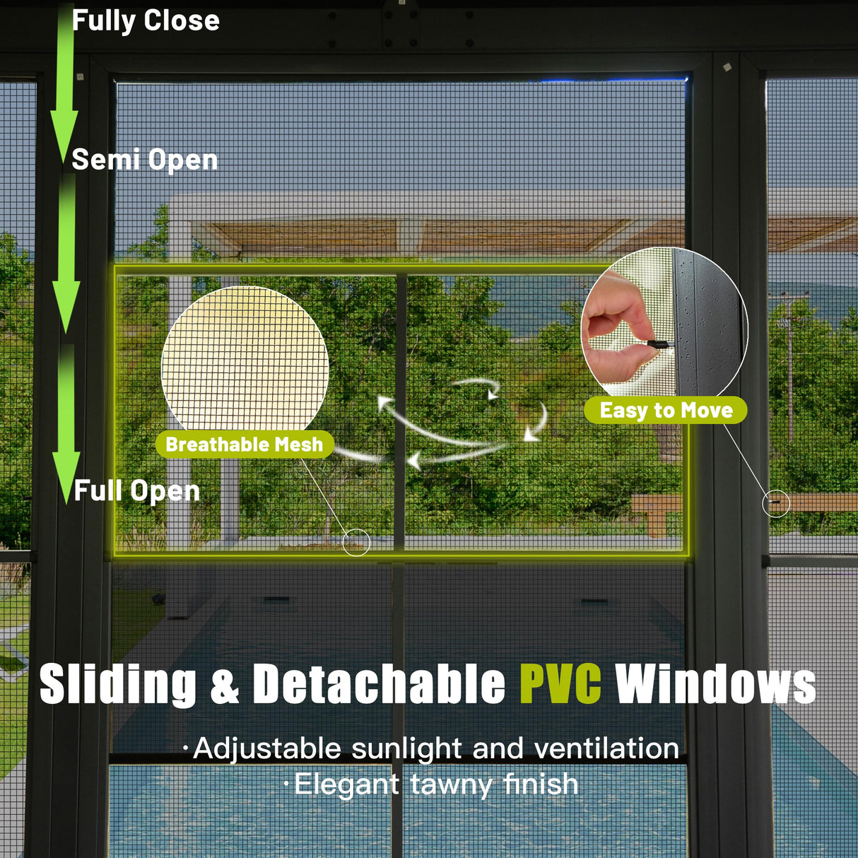 Domi 12x15FT Sunroom, Four Season Solarium with Galvanized Steel Hardtop, Aluminum Frame, 4 Sliding Doors, Movable PVC Screen Walls, All Weather Outdoor Pavilion for Patio, Deck, Backyard, Grey domi outdoor living