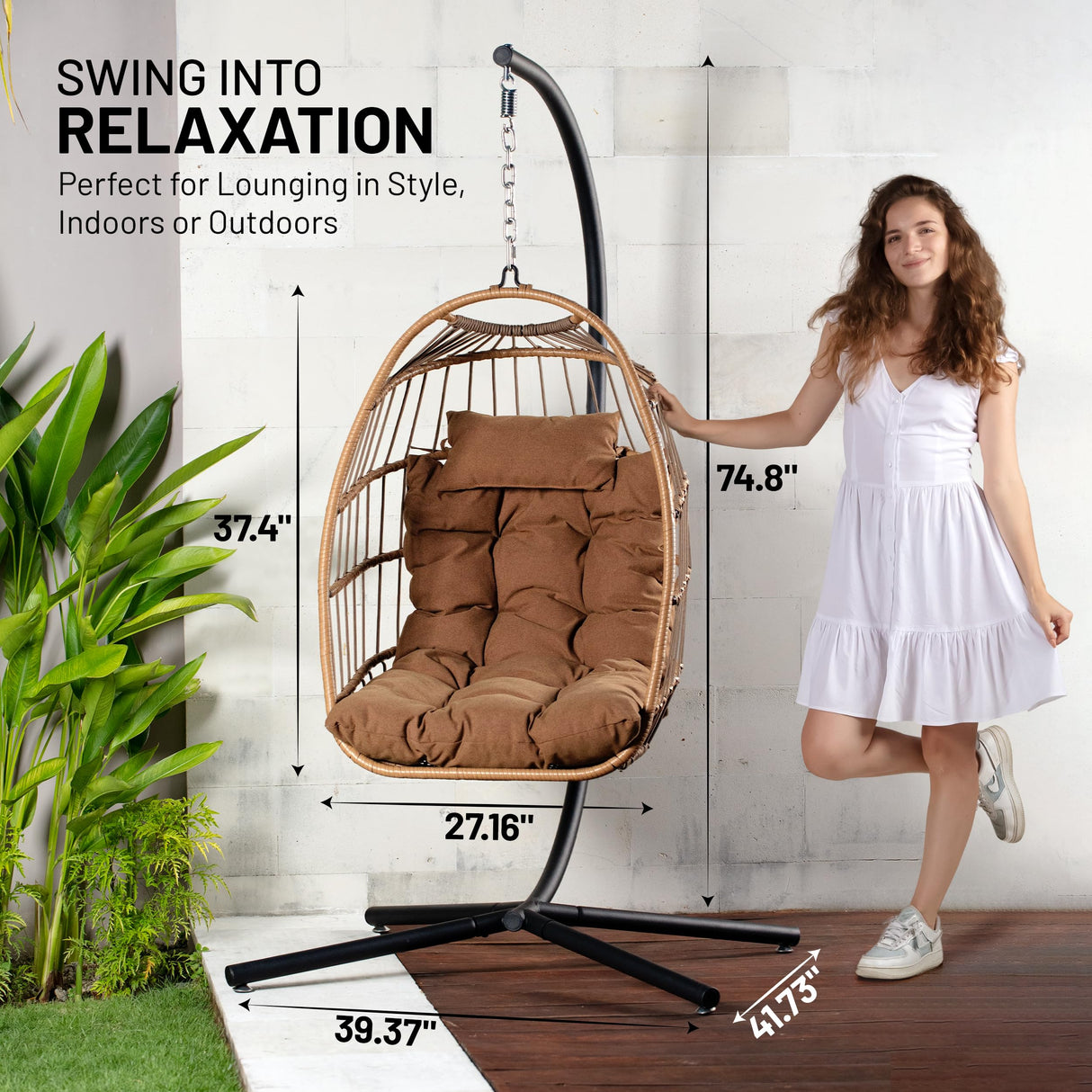 SereneLife Hanging Egg Chair with Stand - Up to 550 lbs of Capacity - Beautiful Swinging Basket Chair with Base Made from Wicker Rattan and Powder-Coated Steel Frame - Egg Swing Chair with Stand SereneLife