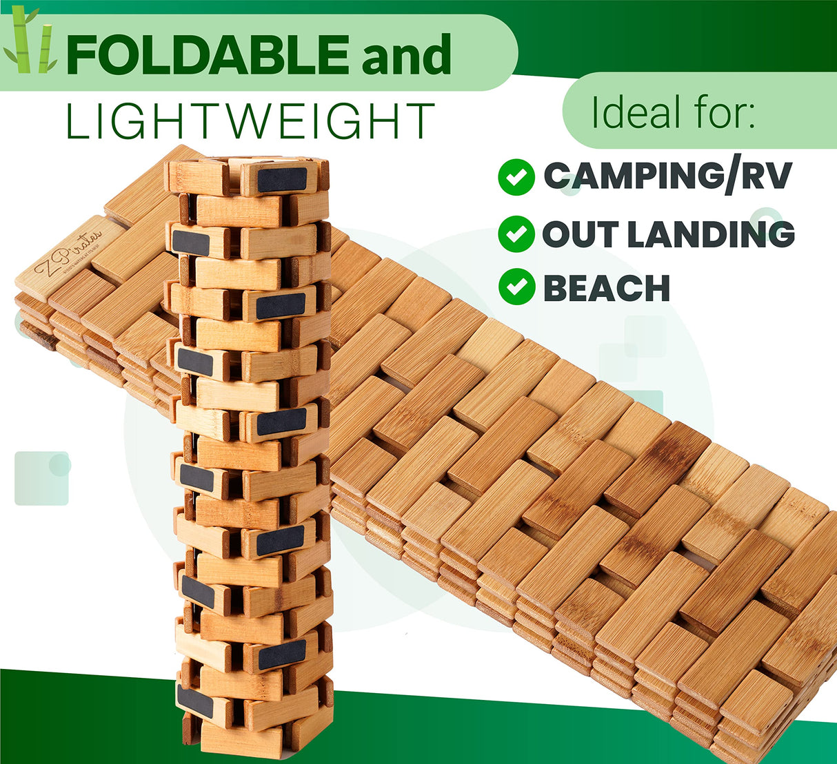 ZPirates Natural Bamboo Wood Bath Mat - Large, 34 x 18 Inches (L x W) Foldable Bathmat, Accessories for Bathroom Sauna Spa Tub and Outdoor ZPirates