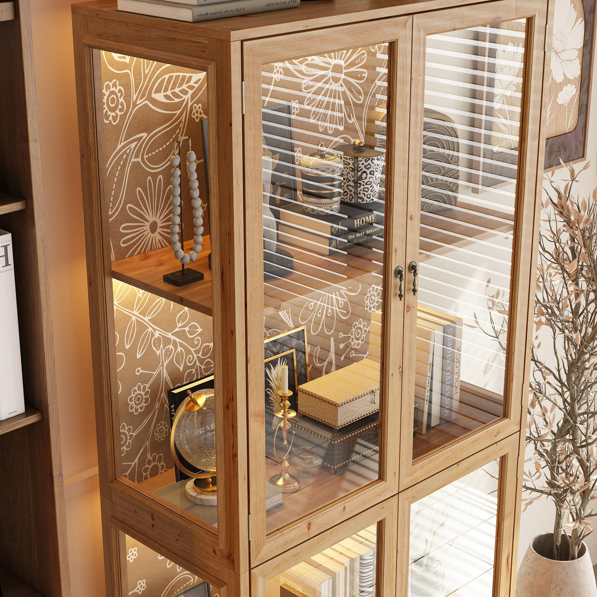 WOODTIME 74.2" H Display Storage Cabinet with 3-Color Lights, Glass Doors & Solid Wood Frame, Curio Cabinet Bookcase Bookshelf with Patterned Backpanel for Living Room Home Office, Light Brown WOODTIME
