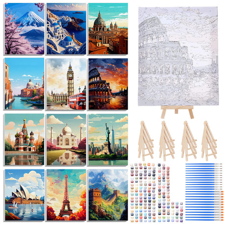 RoundFunny 12 Set Paint by Numbers Kit for Adults Cityscape Painting 8x10 Inch with Wooden Frame Easel Acrylic Paints Brushes Watercolor Oil Paint by Number Gifts for Home Wall Decor RoundFunny