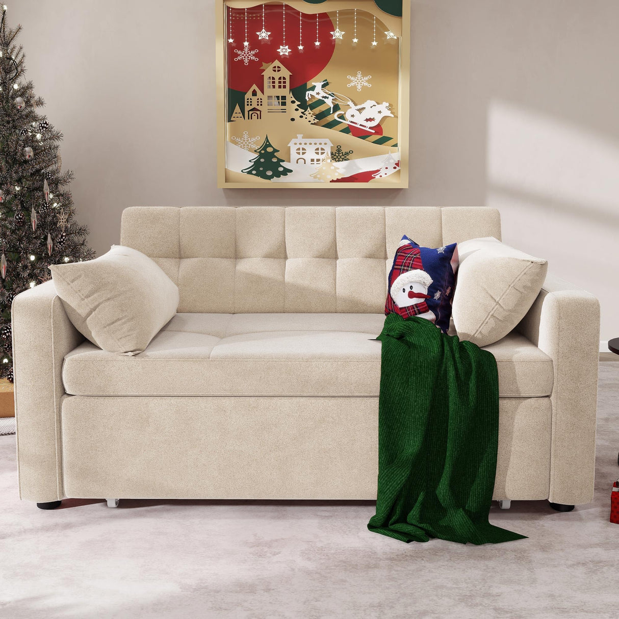 DWVO 55" Convertible Sofa Bed, 3-in-1 Sleeper Sofa with Pull-Out Bed, Velvet Futon Couch with Adjustable Backrest and Side Pocket, Modern Loveseat for Living Room Apartment, Beige DWVO