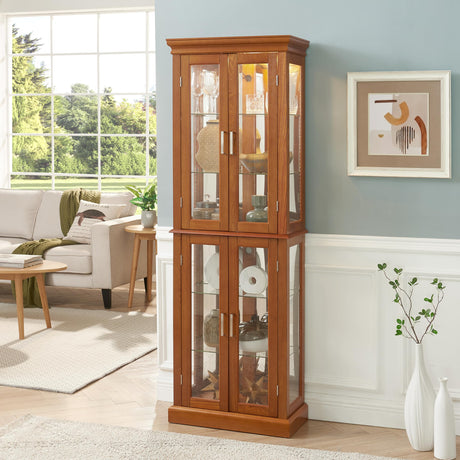 Ball & Cast Lighted Curio Cabinet,6-Tier Glass Display Cabinet with Adjustable Glass Shelves and Mirrored Back Panel for Living Room,E26 Light Blub not Included,Oak Ball & Cast