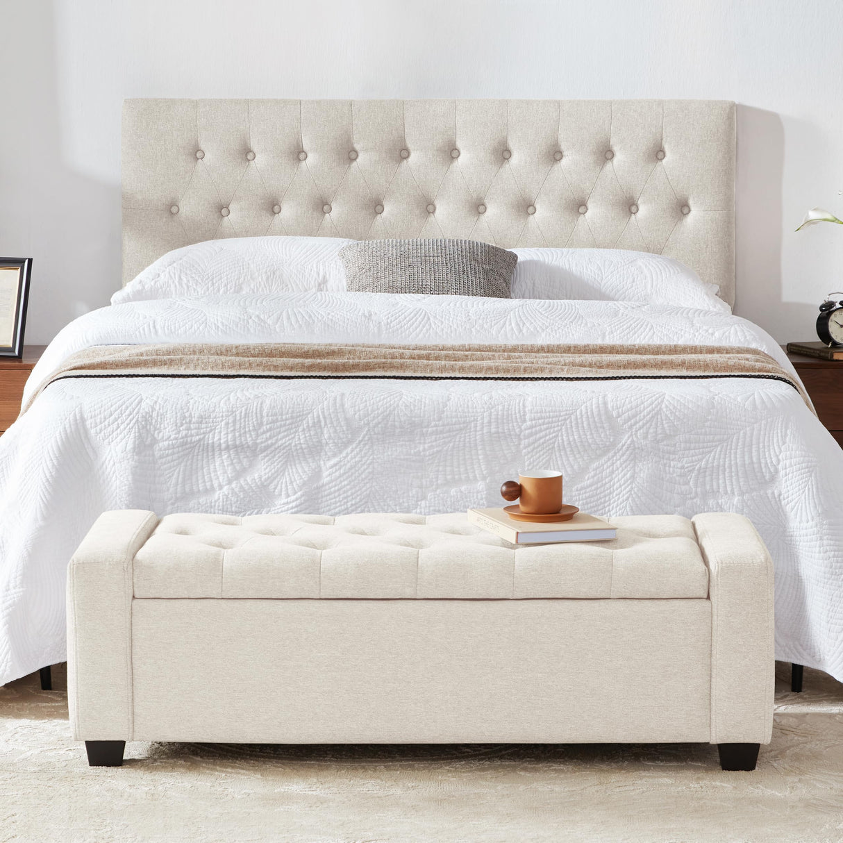 Huatean Home Ottoman with Storage, Storage Ottoman Bench with Safety Hinge, Upholstered Storage Bench with Seating for Bedroom, Living Room, Holds up to 330 lb, Beige Huatean Home