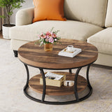 Condemo Round Coffee Table for Living Room, 2-Tier Circle Coffee Table with Storage, Accent Center Table Modern Design, Rustic Brown and Black Condemo