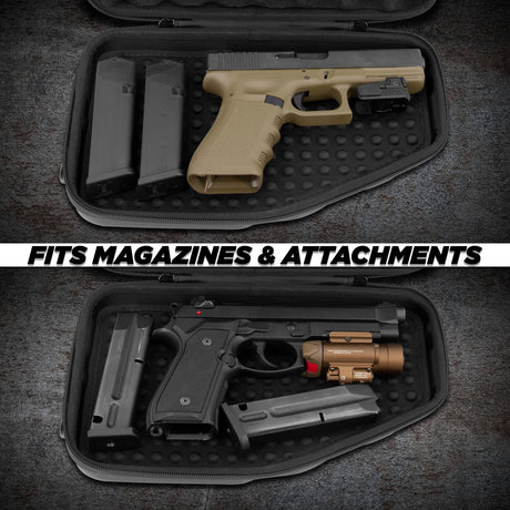 CASEMATIX Locking Pistol Case Fits Small to Large 9mm Pistols with Room For Extra Clips and Attachments- Portable EVA Gun Rug Handgun Case with Snap In Zippers, Water Resistant, Shoulder Strap CASEMATIX