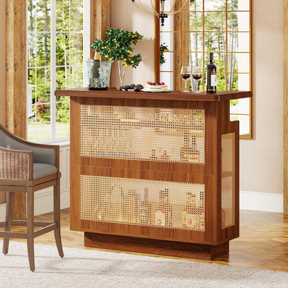 Tribesigns Caramel Brown Farmhouse Rattan Bar Cabinet with 4 Stemware Racks and Ample Storage