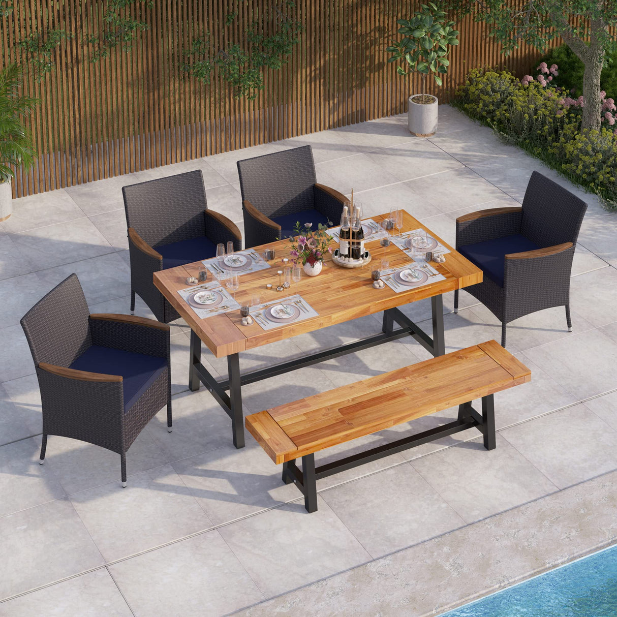 MFSTUDIO 6-Piece Outdoor Patio Dining Set with Acacia Wood Table and Bench,Outdoor Rattan Wicker Chairs Furniture Set with Removable Cushions for Balcony,Garden,Lawn MFSTUDIO