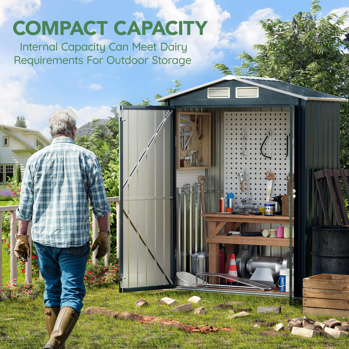 MistMo 5x3X6.3FT Outdoor Steel Storage Shed with Lockable Doors and Frame Floor, Compact Small Bike Shed, Ideal for Garden, Backyard, Swimming Pool, Patio Utility and Tool Storage Mistmo