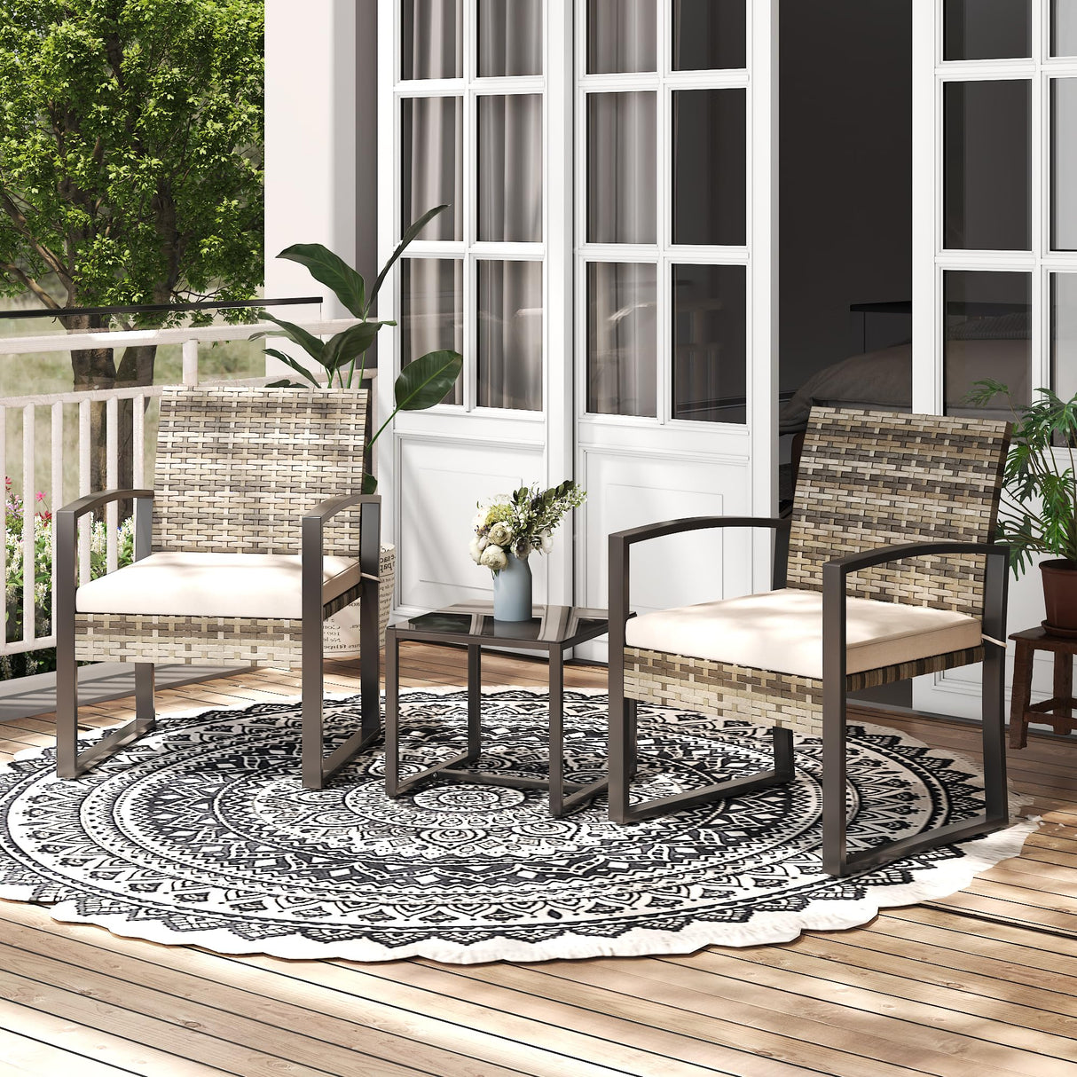 Bezseller 3 Pieces Patio Furniture Set, Outdoor Rattan Bistro Set with Coffee Table, Durable Steel Frame with Strapped Cushions for Garden, Balcony, Poolside, Backyard Bezseller