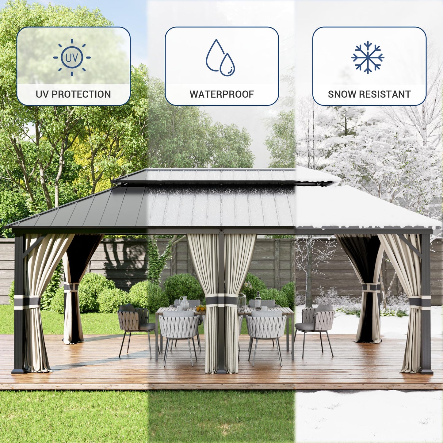 Amopatio 12' X 20' Hardtop Gazebo, Aluminum Metal Gazebo with Galvanized Steel Double Roof, Heavy Duty Permanent Outdoor Large Gazebos with Curtain and Netting for Patio Deck Backyard, Khaki - WoodArtSupply