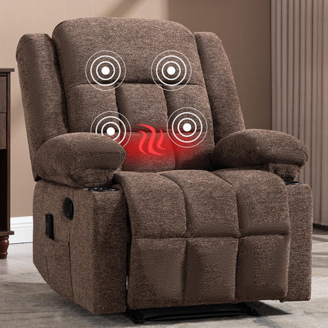 HAOMARKETS Classic Manual Recliner with Massage and Heat for Adults, Breathable Fabric Recliners with Two Cup Holders, Overstuffed Heavy Duty Reclining for Living Room, Brown HAOMARKETS