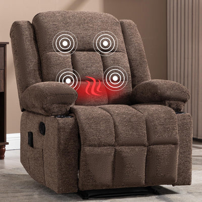 HAOMARKETS Classic Manual Recliner with Massage and Heat for Adults, Breathable Fabric Recliners with Two Cup Holders, Overstuffed Heavy Duty Reclining for Living Room, Brown