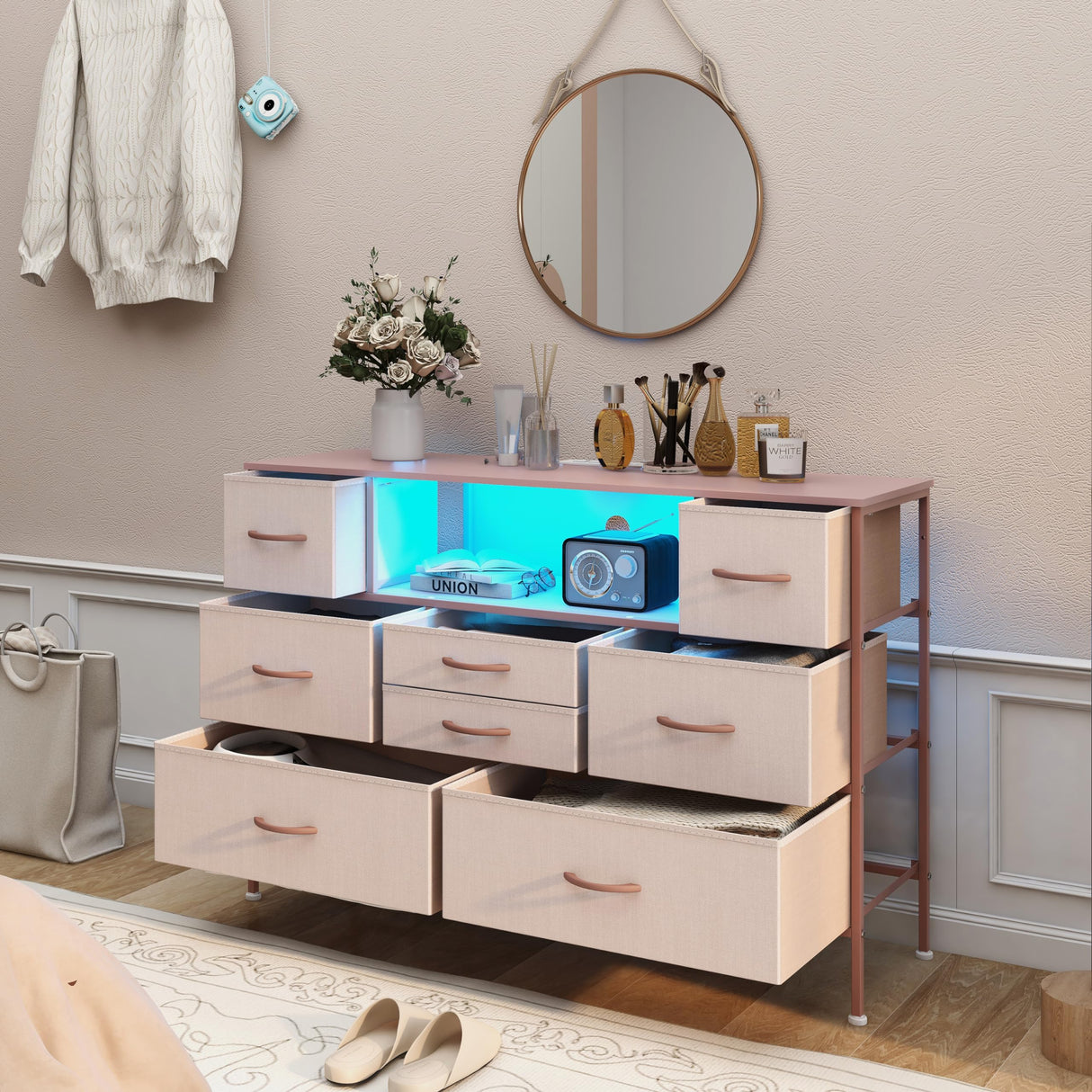 Simoretus Dresser with Charging Station and LED Light for Bedroom 8 Fabric Drawers Chest of Drawers with Power Outlet Storage Open Shelf for Living Room TV Stand Closet Hallway (Pink) Simoretus