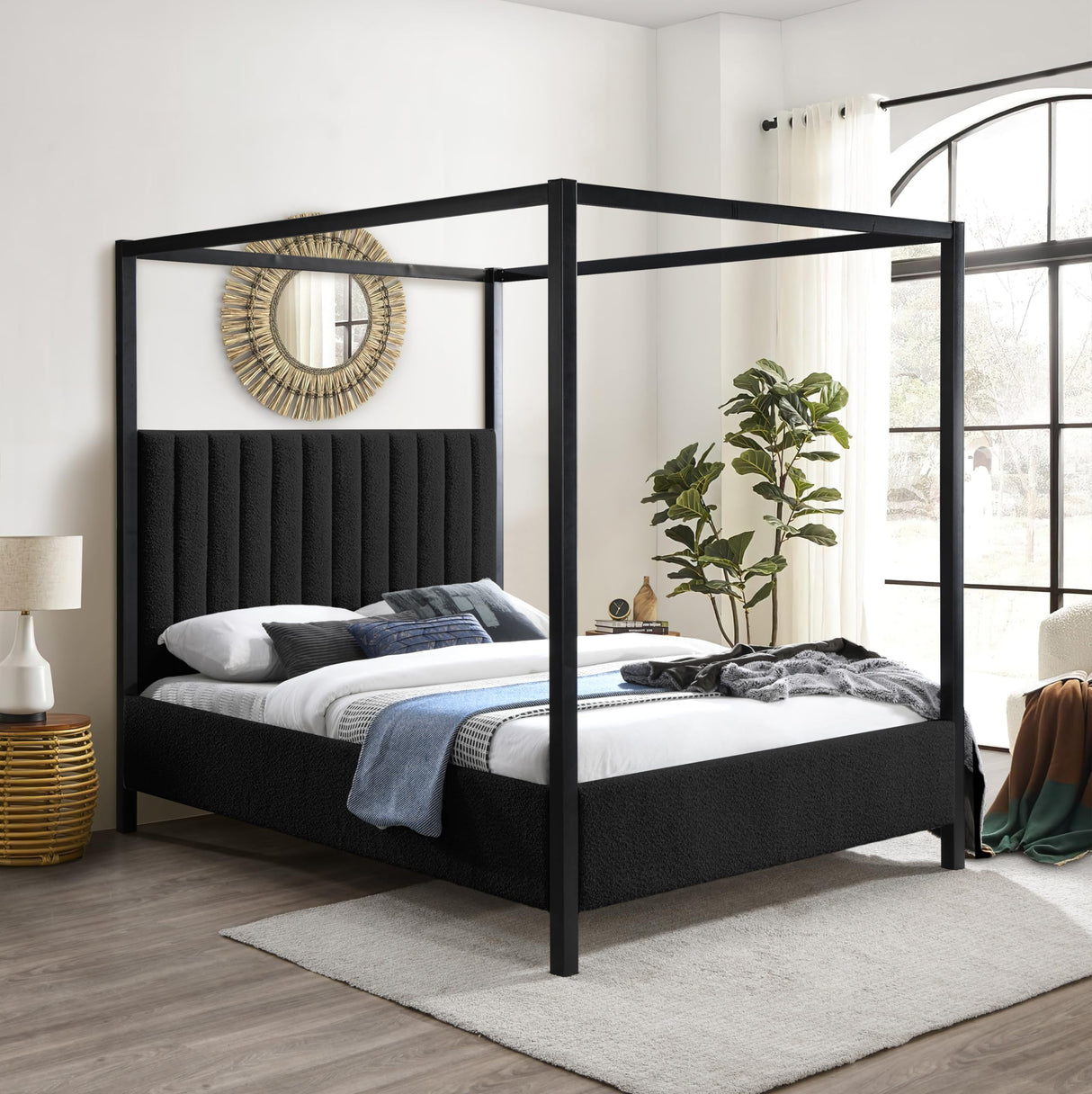 Meridian Furniture KellyBlack-K Kelly Collection Modern | Contemporary King Bed with Rich Black Boucle Fabric, Matte Black Iron Metal Frame Canopy, 78.5" W x 84.5" D x 77" H, Black, King Meridian Furniture