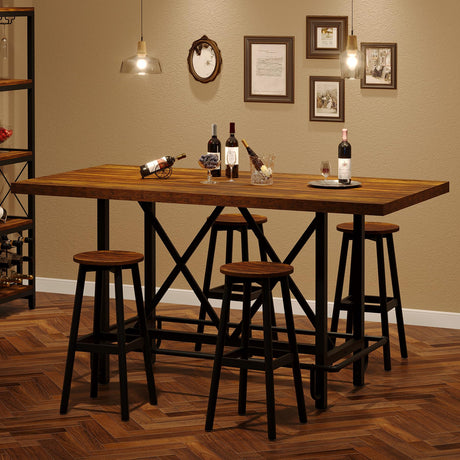 Tribesigns Bar Table, Industrial Counter Height Pub Table with Metal Footrest, 63-Inch Rectangle Wood Kitchen Dining Table with Sturdy Metal Frame for Dining Room, Home Bar (Brown) Tribesigns