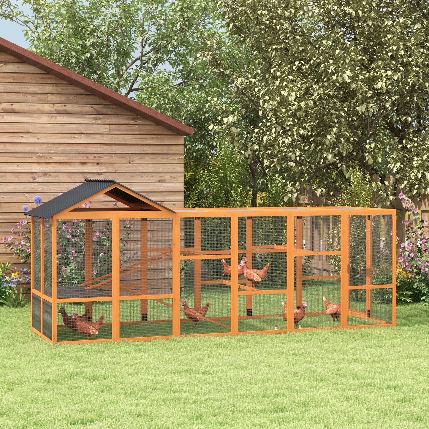 PawHut Wooden Chicken Coop Run for 6-10 Chickens, Hen House Add-On with Storage, Perches, 141.75" x 48" x 61", Orange - WoodArtSupply