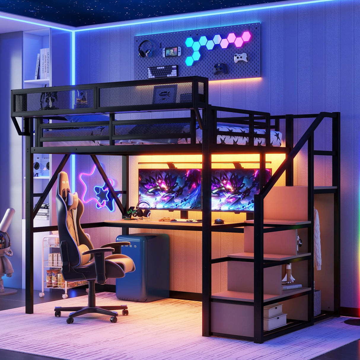 Full Loft Bed with Desk and RGB Light, Metal Loft Bed Frame with Stairs and Bedside Shelf, Heavy-Duty Lofts Beds with Storage Shelves and Wardrobe for Kids Teens, Black Mirightone