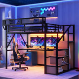 Full Loft Bed with Desk and RGB Light, Metal Loft Bed Frame with Stairs and Bedside Shelf, Heavy-Duty Lofts Beds with Storage Shelves and Wardrobe for Kids Teens, Black Mirightone