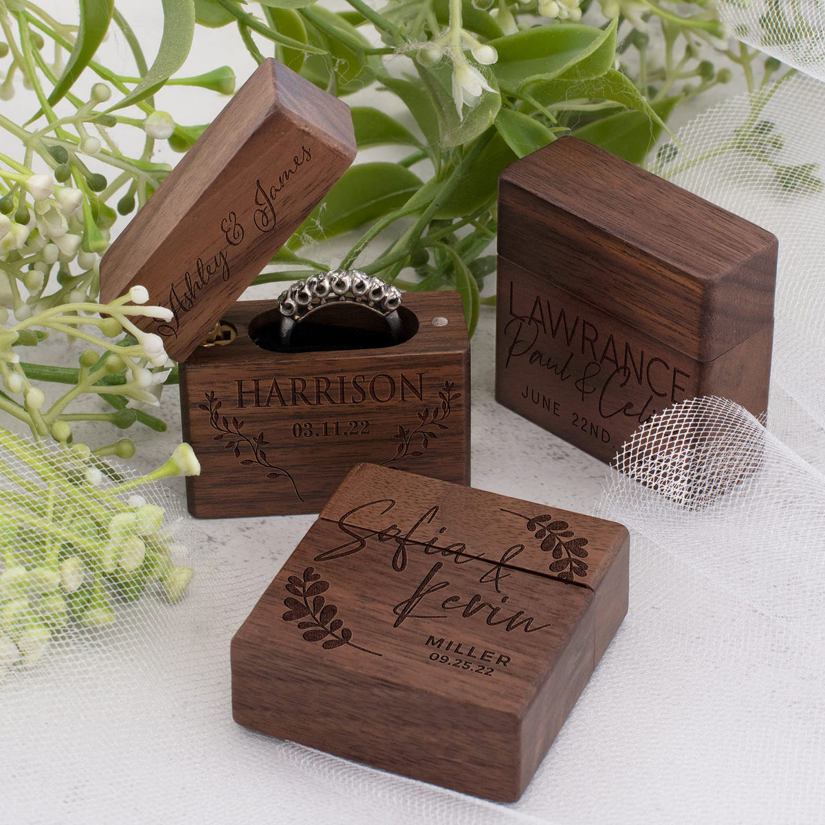 Personalized Wooden Ring Box, Custom Ring Bearer Box, Wooden Heart Ring Box for Wedding Ceremony, 8 Designs with Names and Family Name, Engagement Ring Holder for Proposal, Wedding Keepsake Personalization Lab