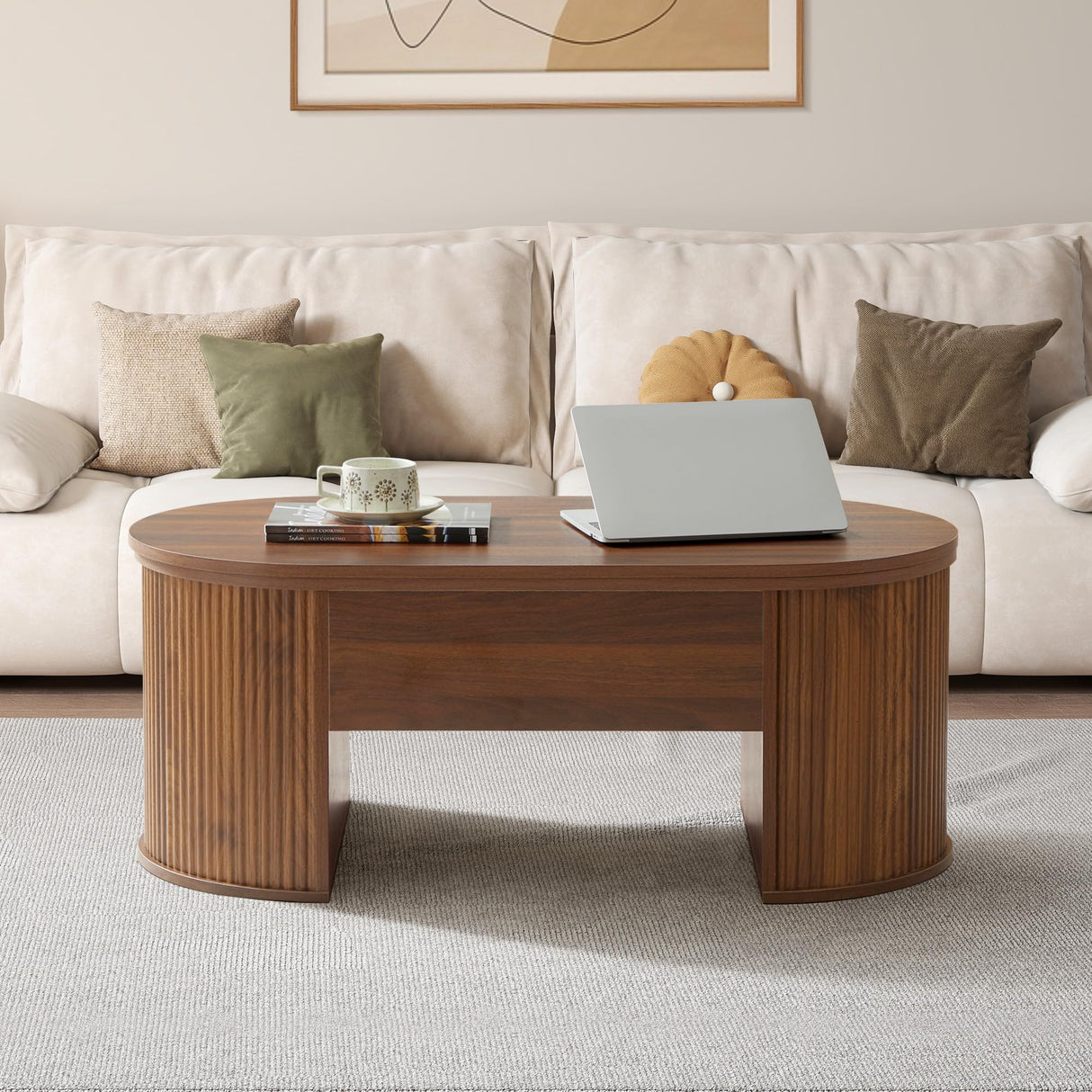 QHITTY Fluted Coffee Table with Lifting Top, Oval Wood Lift Top Coffee Table with Hidden Compartment, Mid Century Pull up Center Tables for Living Room, Office - Walnut QHITTY