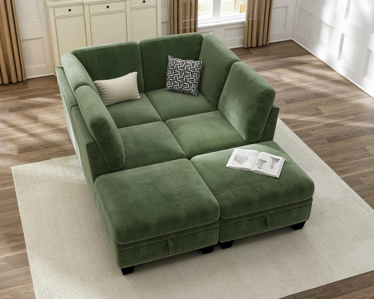 CHIC HOUSE Modular Sectional Sofa Corduroy Couch, Customizable U-Shaped Sofa with Storage Ottoman, Reversible Chaise for Living Room, Oversized L-Shaped Sofa Set (Green, 6 Seater Compact Sleeper) CHIC HOUSE