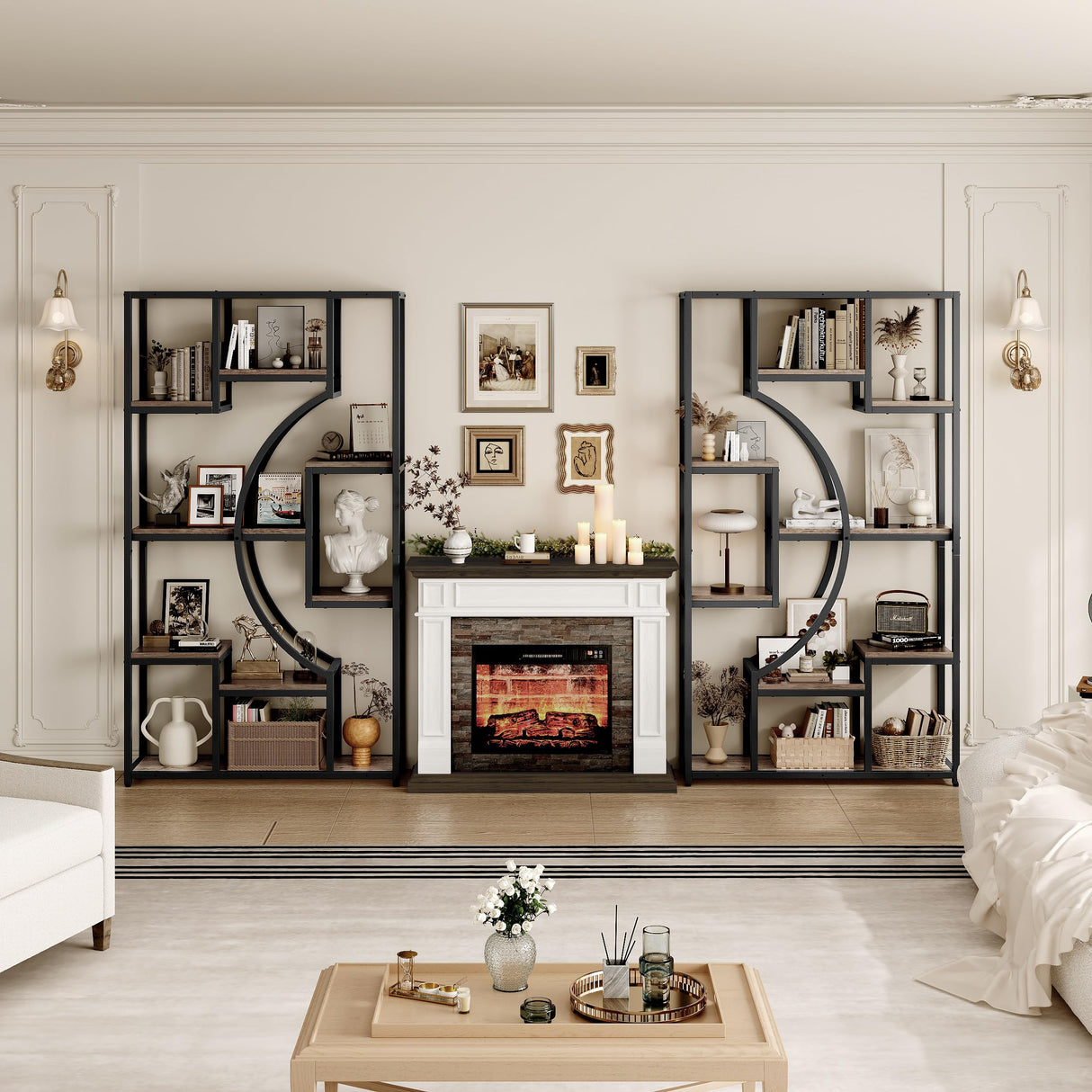 70.8" Tall Bookshelf Set of 2, 79" Wide Geometric Display Shelf with 18 Open Storage Shelves, Scratch-Resistant Gray Wash & Metal Frame, for Living Room, Office, Bedroom – Anti-Tip & Adjustable Feet HolliWill