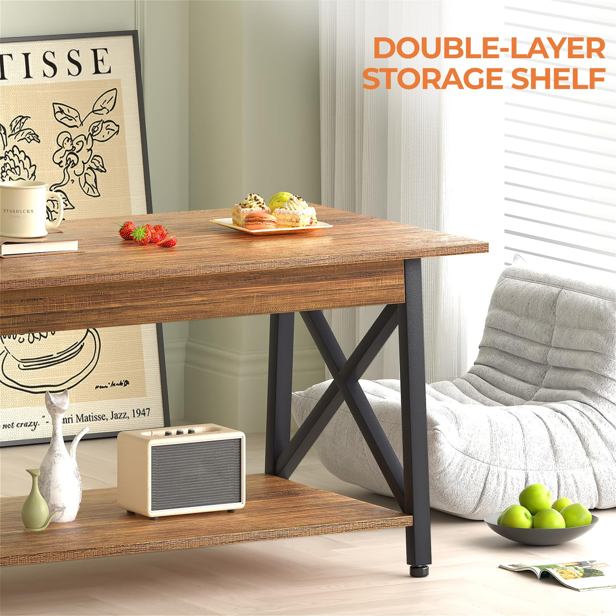 GreenForest Coffee Table with Storage, 39inch Modern Coffee Tables for Living Room, X-Frame Design Farmhouse Coffee Table Space Saving Living Room Tables, Easy Assembly, Walnut GreenForest