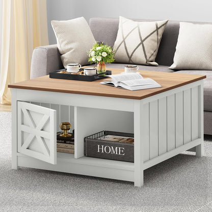 YITAHOME Farmhouse Coffee Table with Sliding Barn Door, Square Coffee Table with Storage, Center Table with Half Open Storage for Living Room (White) - WoodArtSupply