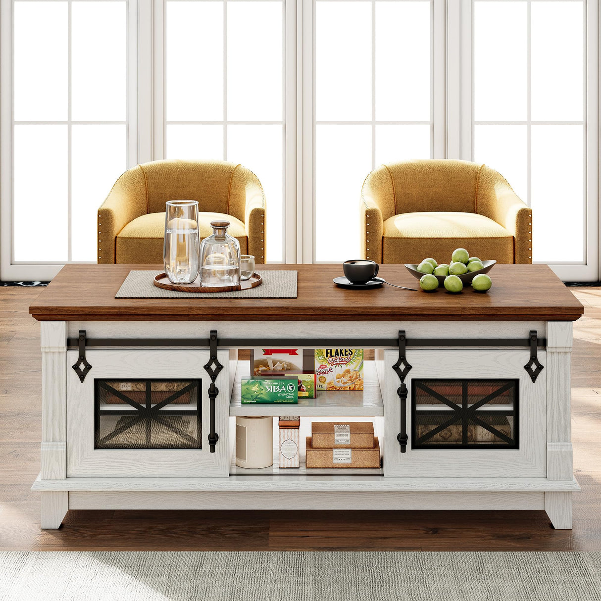IRONCK 48'' Coffee Table with Sliding Barn Doors, Rustic Center Table with 6 Large Storage Space, Glass Doors and Adjustable Middle Shelf, Farmhouse Coffee Tables for Living Room, White IRONCK