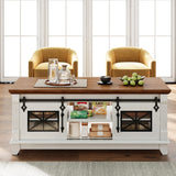 IRONCK 48'' Coffee Table with Sliding Barn Doors, Rustic Center Table with 6 Large Storage Space, Glass Doors and Adjustable Middle Shelf, Farmhouse Coffee Tables for Living Room, White IRONCK