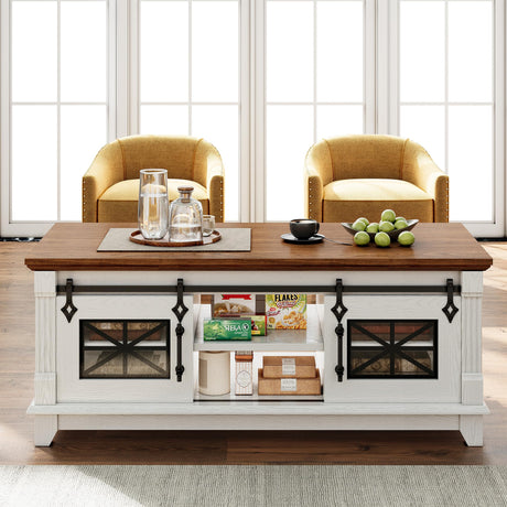 IRONCK 48'' Coffee Table with Sliding Barn Doors, Rustic Center Table with 6 Large Storage Space, Glass Doors and Adjustable Middle Shelf, Farmhouse Coffee Tables for Living Room, White IRONCK