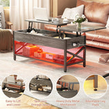Besiost Coffee Table, Lift Top Coffee Table with Storage, LED Light & Power Outlet and Hidden Compartment, Retro Center Table for Living Room, X Support Wood Tabletop, Metal Frame, Black Oak Besiost