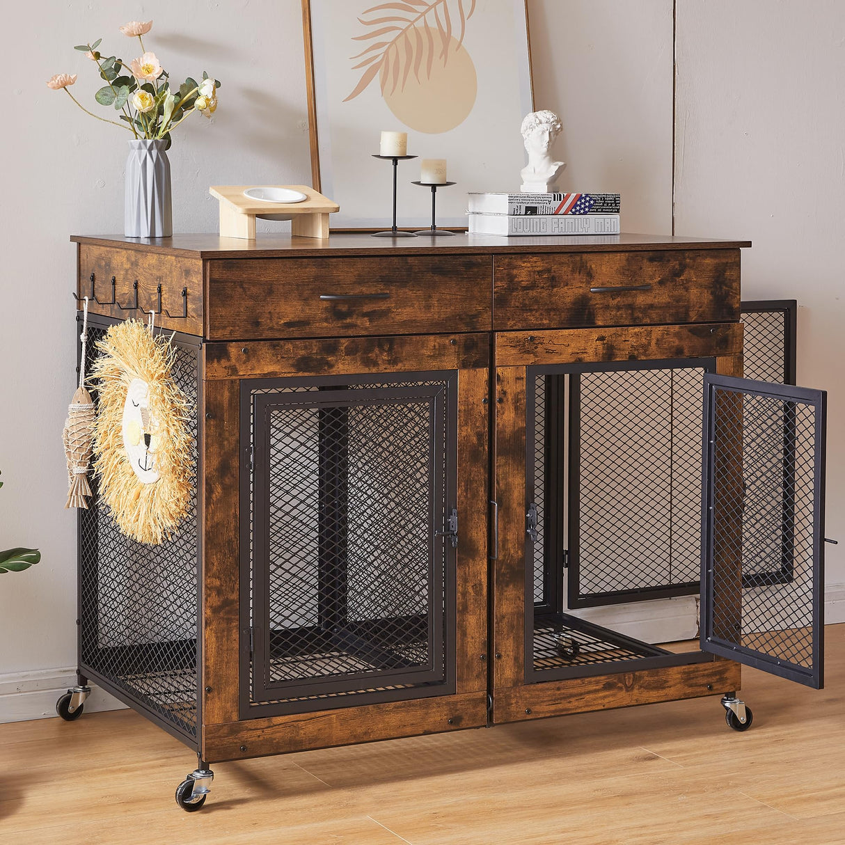 43" Large Dog Crate Furniture, Wood Dog Kennel End Table with Drawers, Decorative Pet Crate with Removable Partitions & Wheels, Dog House Indoor for Large/Medium/Small Dogs Sunnibety