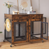 43" Large Dog Crate Furniture, Wood Dog Kennel End Table with Drawers, Decorative Pet Crate with Removable Partitions & Wheels, Dog House Indoor for Large/Medium/Small Dogs Sunnibety