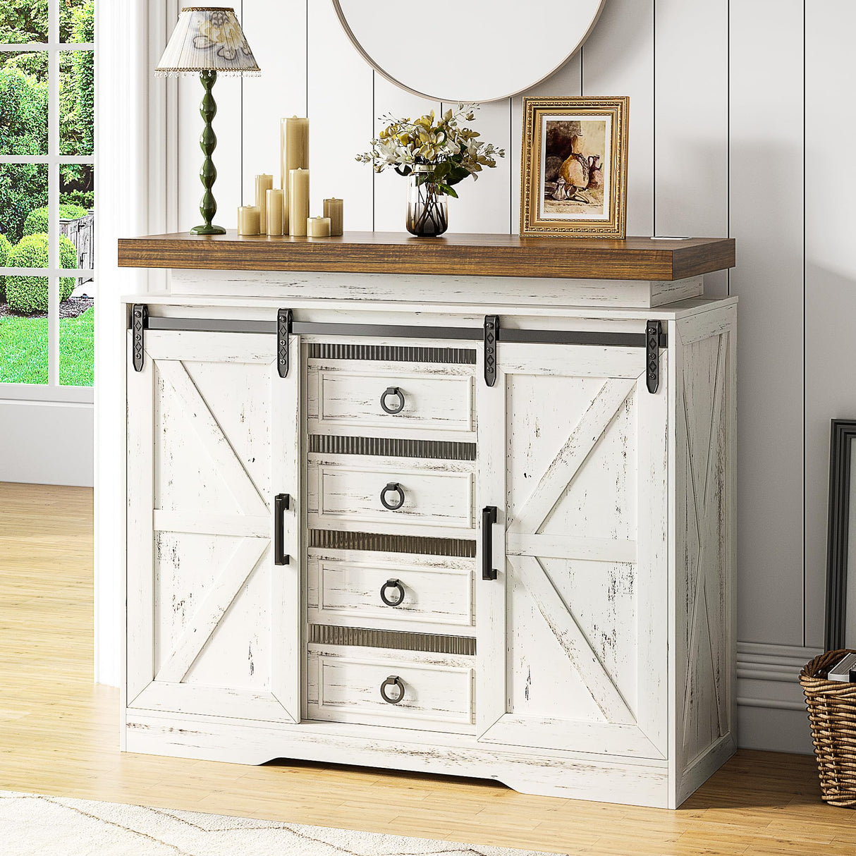 Farmhouse Dresser for Bedroom w/Sliding Barn Door, 5 Drawers Wood Dresser with LED Lights, Chest of Drawers Tall Dressers for Bedroom, Living Room, Hallway, Kids Room, Antique White TAGELIER