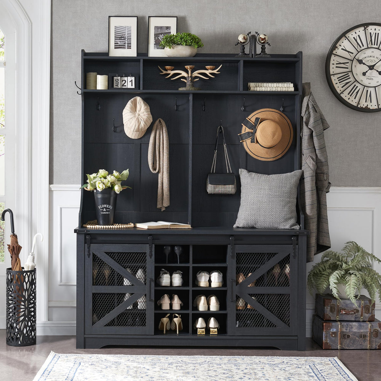 JXQTLINGMU Farmhouse Entryway Hutch with Coat Rack, 20 Shoe Cubbies & 12 Coat Hooks Wide Hall Tree with Shoe Storage Bench, Mudroom Storage Cabinet (Black) JXQTLINGMU