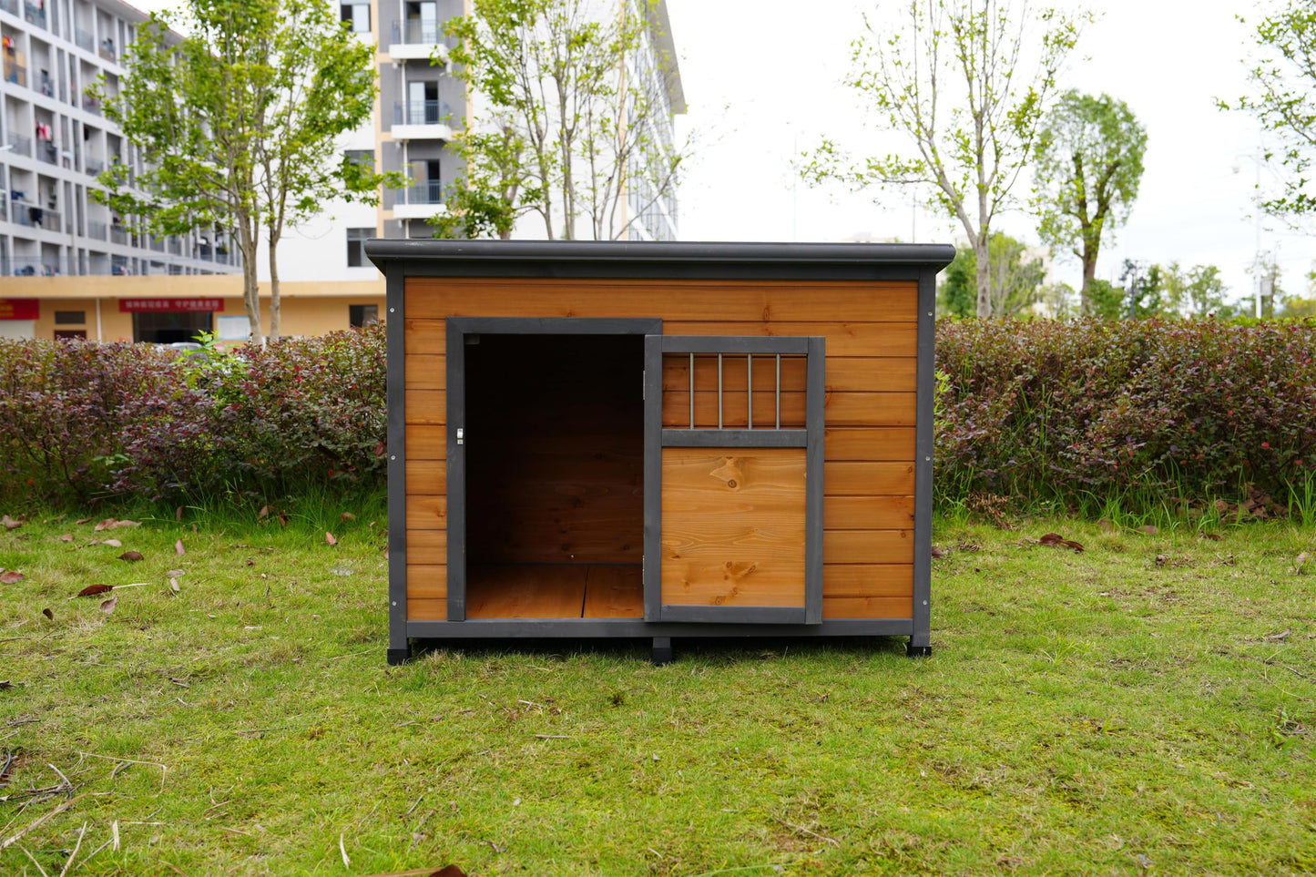 45'' Large Wood Dog House Outdoor Indoor Doghouse Puppy Shelter with Waterproof PVC Plastic Roof, Easy Assembly Sturdy Dog Kennel with Lockable Door, Air Vents and Elevated Floor, Gray Yellow