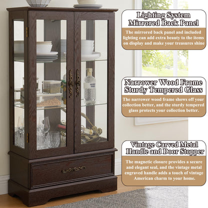 nifoti 47" H Lighted Curio Cabinet Display Case, Glass Cabinet with Adjustable Shelves,Tempered Glass Door and Drawer, Wooden Curio Cabinet with Mirrored Back Pane for Living Room (Dark Cherry)