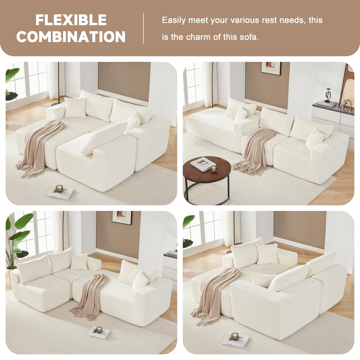 97" Boneless Couches for Living Room, Cloud Couch Sectional with Deep Seat, Comfy Couch with L-Shaped Chaise, Minimalist Upholstered Modular Sectional Sofa, No Assembly Required (Corduroy,Lvory) Huatean Home