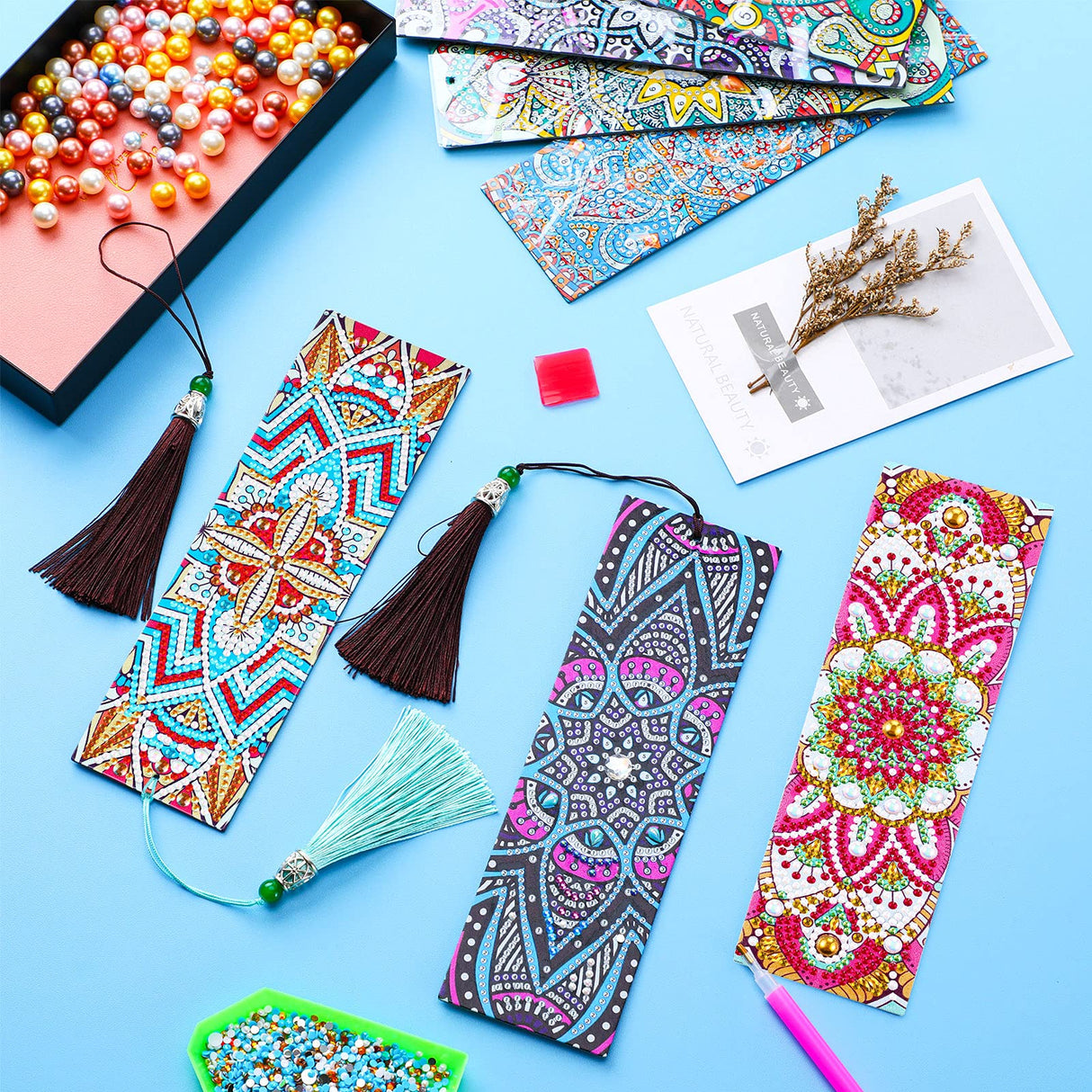 Zonon 8 Pcs Diamond Painting Bookmarks 5D Floral Art Painting Bookmarks PU Leather DIY Mandala Style Study Supplies with Tassels for Adults Gift Crafts Zonon