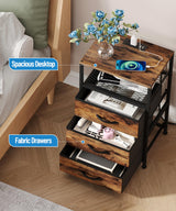 Akxomel Night Stand with Charging Station, 11" D x 15" W Nightstand with LED Light, Bedside Table with Fabric Drawers, Side Table with Open Shelf for Bedroom, Rustic Brown Akxomel