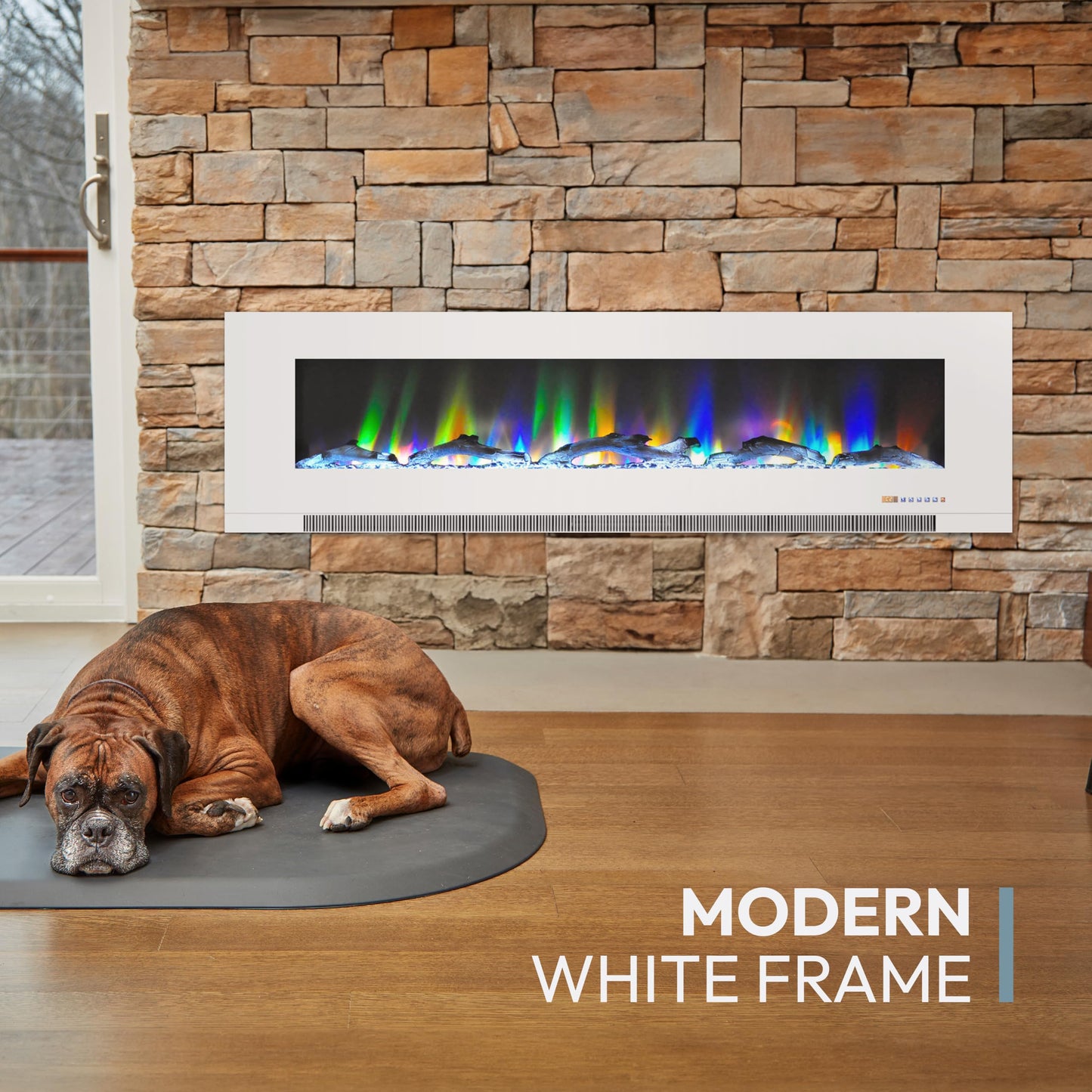 Cambridge 60 Inch Wall Mount Electric Fireplace Heater with Remote Control, Multicolor Flames, and Driftwood Log Display for Indoor Use in Living Room, Bedroom, Home Office, White