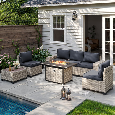 Muphyers 7-Piece Outdoor Patio Furniture Set with 55,000 BTU Fire Pit Table, PE Wicker Rattan Sectional Sofa Patio Conversation Set with Thickened Cushions & Coffee Table, Dark Grey Muphyers