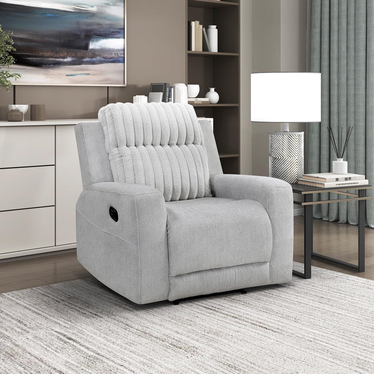 Lexicon Modern Recliner Chair for Living Room, Manual Wall Hugger Textured Microfiber Reclining Chair, Plush Corduroy Channel Seat Back, Manual Recliner, Light Gray Lexicon