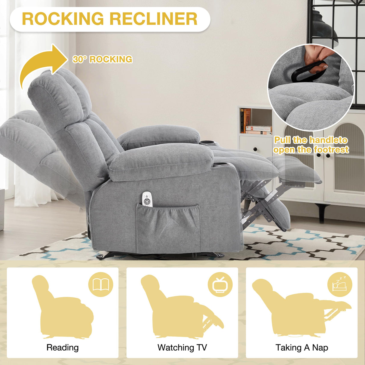 Massage Recliner Chair, Overstuffed Rocker Lazy Boy Chairs with Vibration&Gently Heat,Fabric Ergonomic Manual Nursery Chair for Living Room with Side Pocket, 2 Cup Holders&USB Charge Port, Grey KRESTLUX