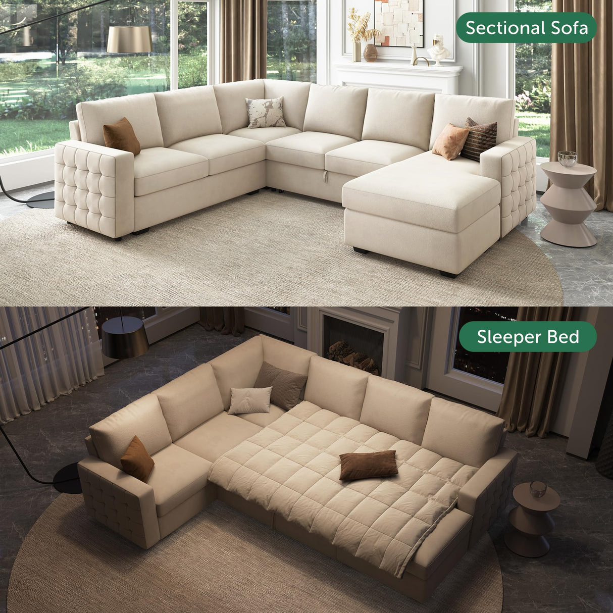 HONBAY Sectional Couch with Pull Out Bed, Sectional Sleeper Sofa with Storage, U Shape Sectional Couches for Living Room,Velvet Beige HONBAY