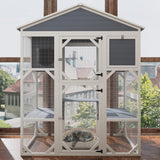 YOPTO 74.8" H Wooden Catio Outdoor Cat House,Cat Enclosure with Waterproof Top, 3 Platforms & 2 Napping House Small Pet Animal Cage,Brown+White YOPTO